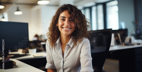 Joyful office worker smiling at screen at office desk