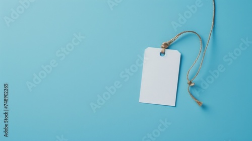 Blank name tag on string on blue background. copy space. generative AI image