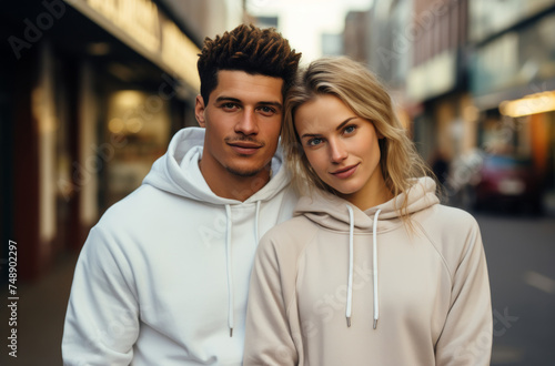 one man and one woman wearing hoodies on a city street
