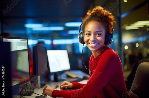 Contact center worker smiling at the computer