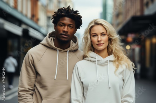 one man and one woman wearing hoodies on a city street