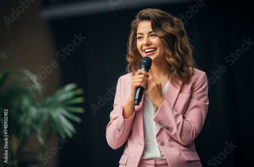 Business woman in her pink outfit speaking on stage
