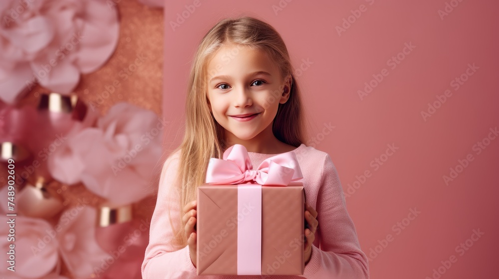 A little girl with long hair holds a gift in her hands and smiles on a pink background. The concept of a party, a birthday party. A little girl with long hair holds a gift in her hands and smiles on a pink background. The concept of a party, a birthday party.