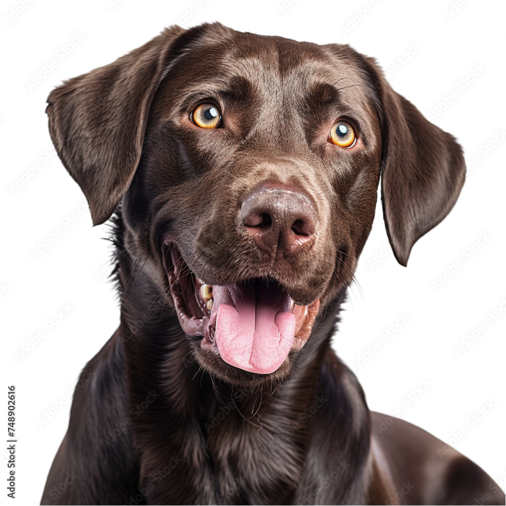 Studio headshot portrait of Chocolate Labrador retriever with quirky expression against a white background Studio headshot portrait of Chocolate Labrador retriever with quirky expression against a white background
