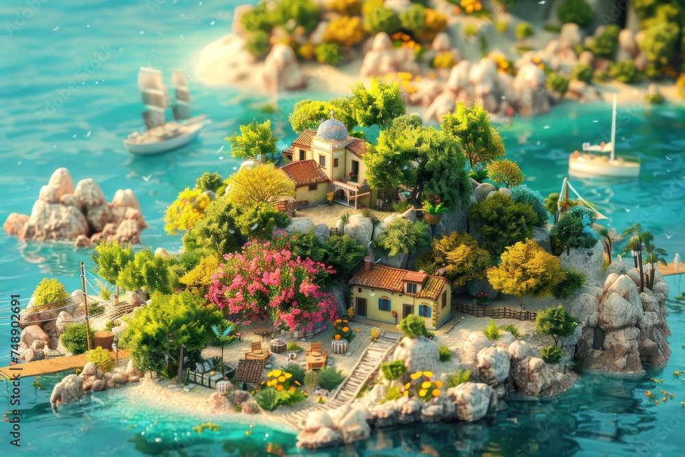 Immerse in the tranquility of this idyllic coastal village scene