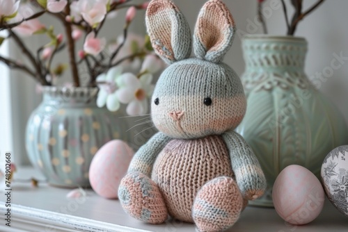 A pretty cute knitted perfekt easter bunny with decor
