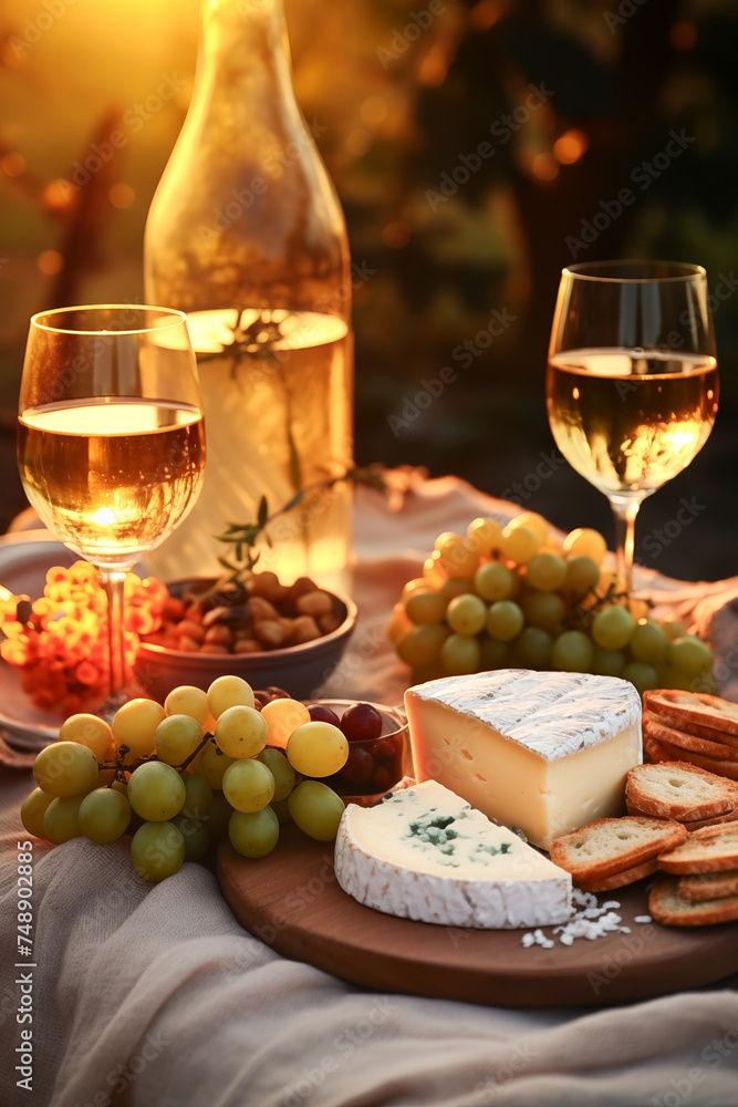 Romantic spring evening with white wine, various cheeses and grapes Romantic spring evening with white wine, various cheeses and grapes