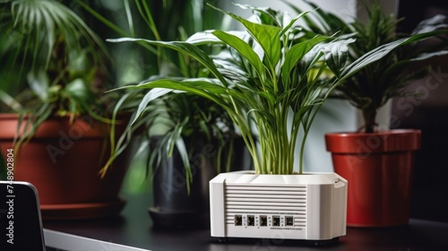 Close up of a white power bank on a black table with green plants