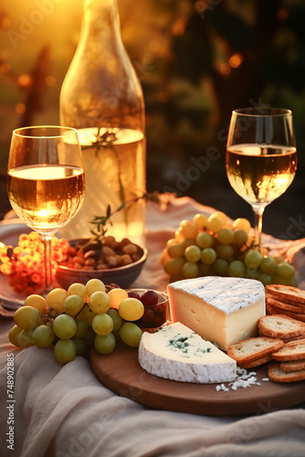 Romantic spring evening with white wine, various cheeses and grapes