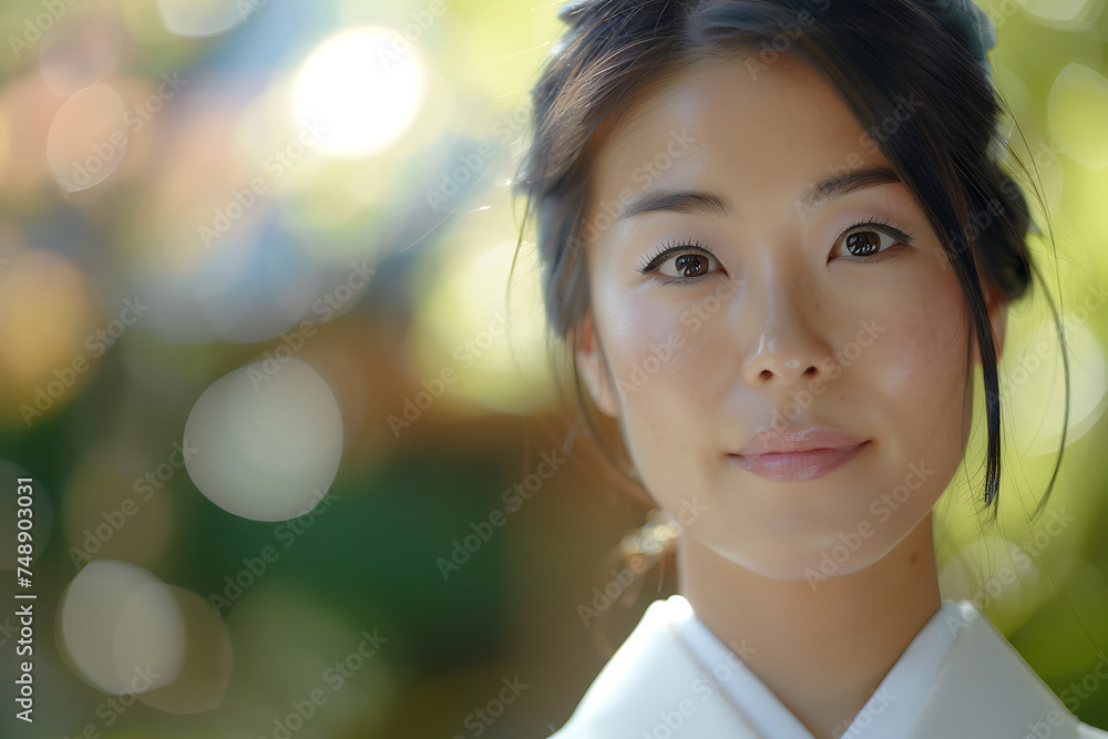 Captivating Close-Up of a Japanese Woman with Garden Bokeh background Captivating Close-Up of a Japanese Woman with Garden Bokeh background