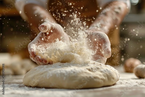 Baker Kneading Dough with Flying Flour. Hands of a baker kneading fresh dough with a cloud of flour on a wooden worktop.