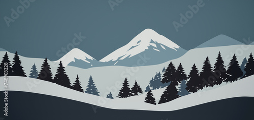 paesaggio invernale con monti innevati e colline di conifere photo