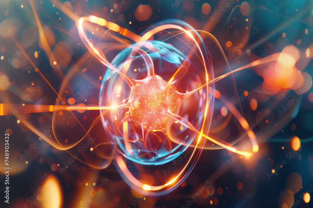 The dynamic energy and vibrant colors of subatomic particles orbiting within the nucleus of an atom, showcasing their intricate dance and quantum phenomena. The dynamic energy and vibrant colors of subatomic particles orbiting within the nucleus of an atom, showcasing their intricate dance and quantum phenomena.