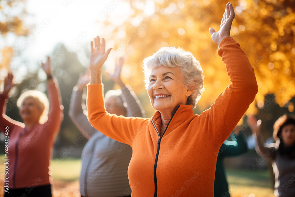 Active Senior Woman Leads Outdoor Exercise, Perfect for Health and Wellness Themes.
