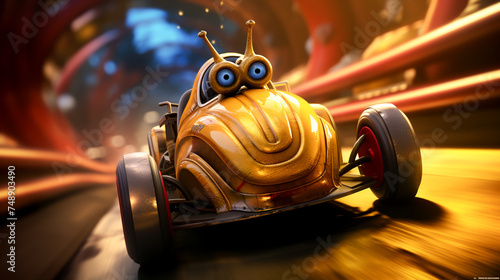 Experience the thrill of a 3Drendered snail speeding in a mini Formula 1 car with an excited insect audience style dynamic photo