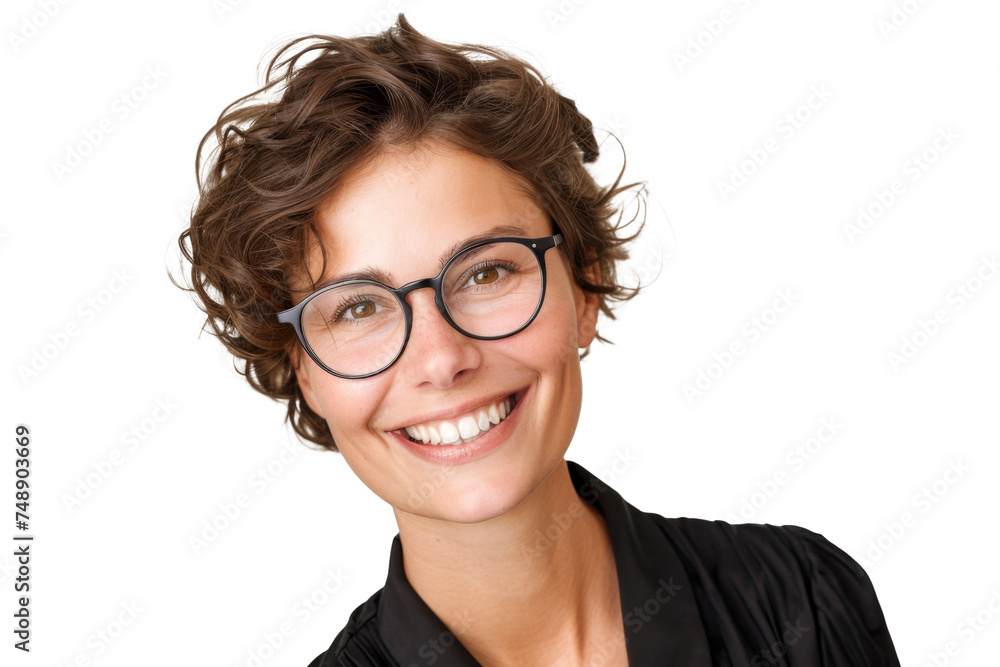 Studio portrait of a beautiful young Caucasian Americana business woman wear glasses and casual shirt with an attractive smile, isolated on transparent png background.