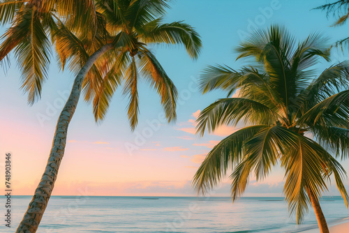 pink sunset sky and the palm tree on the sea beach