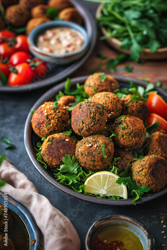 Falafel balls on a plate meal vegan diet eating with fresh vegetables portrait format