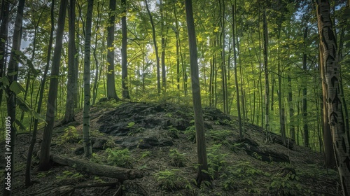 Forest photography capturing deciduous trees and fallen branches on the ground