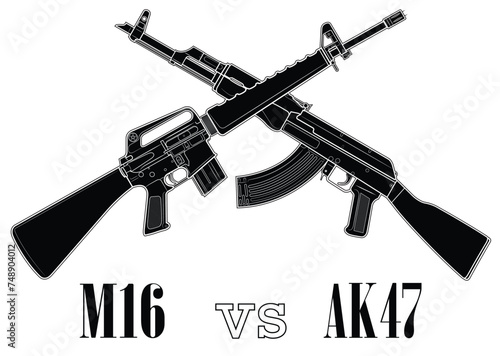 Vector illustration of two crossed rifles, american M16 and soviet AK47, and subtitles. Black.
