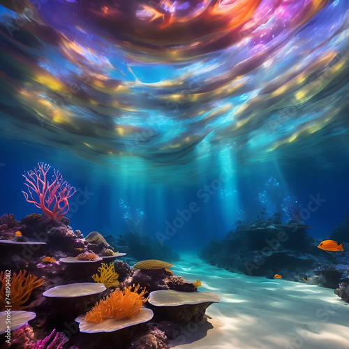 Colorful underwater scene: coral reef with fish in the deep sea © Deejungvillage