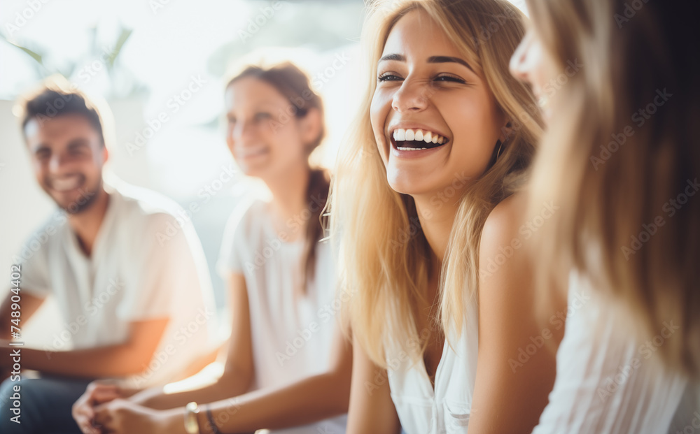 Group of Laughing Friends Enjoying a Café Gathering, Perfect for Social Occasions Group of Laughing Friends Enjoying a Café Gathering, Perfect for Social Occasions