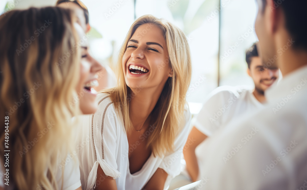 Group of Laughing Friends Enjoying a Café Gathering, Perfect for Social Occasions Group of Laughing Friends Enjoying a Café Gathering, Perfect for Social Occasions