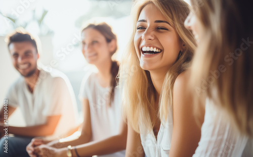 Group of Laughing Friends Enjoying a Café Gathering, Perfect for Social Occasions
