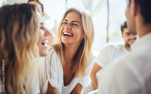 Group of Laughing Friends Enjoying a Café Gathering, Perfect for Social Occasions