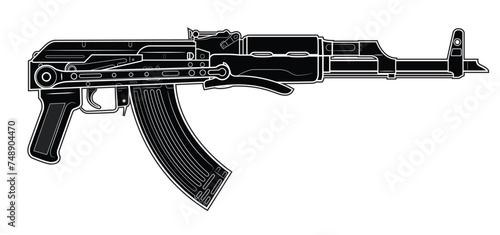Vector illustration of AK47 assault carbine with folded steel stock. Black. Right side.