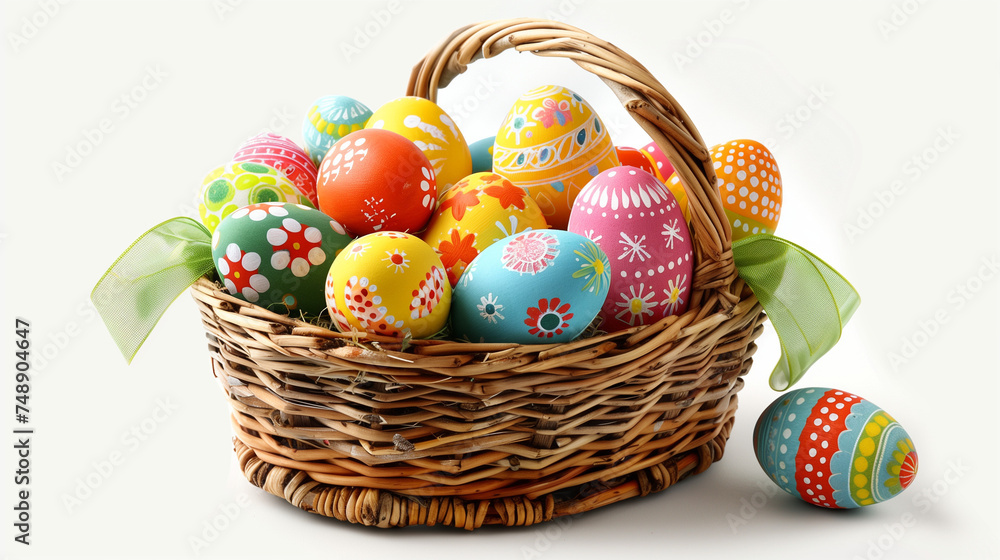 Colorful Hand-Painted Easter Eggs in Wicker Basket
