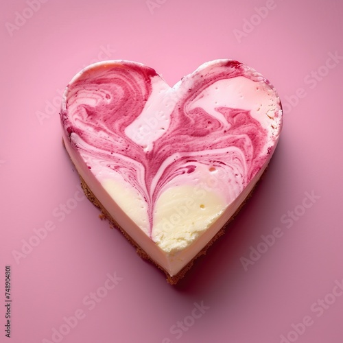 The image shows a delectable heart-shaped cheesecake with a smooth, creamy texture, featuring an intricate pink and white marble swirl design on its surface that suggests a careful and loving preparat photo