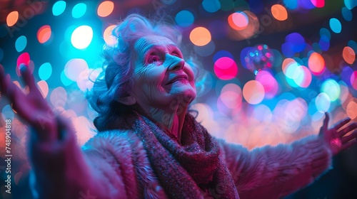 Elderly woman having fun on dance floor under colorful club lights. Concept Elderly, Fun, Dance Floor, Colorful Club Lights, Joyful photo