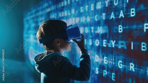 The image shows a young boy from the side, wearing a virtual reality headset that covers his eyes. He appears to be immersed in a digital world, surrounded by a backdrop of bright blue, glowing alphab