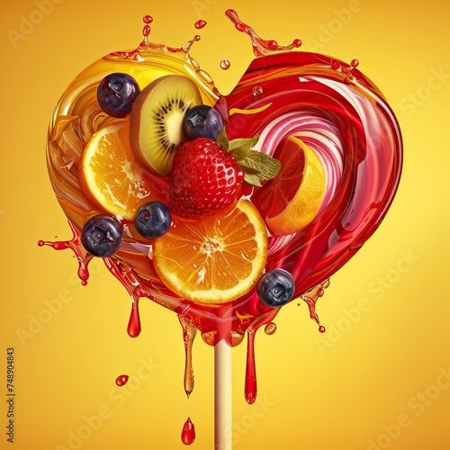 The image showcases a brilliantly designed lollipop in the shape of a heart, with a glossy, reflective surface that resembles swirling liquid in shades of red and orange. The heart appears to be melti photo