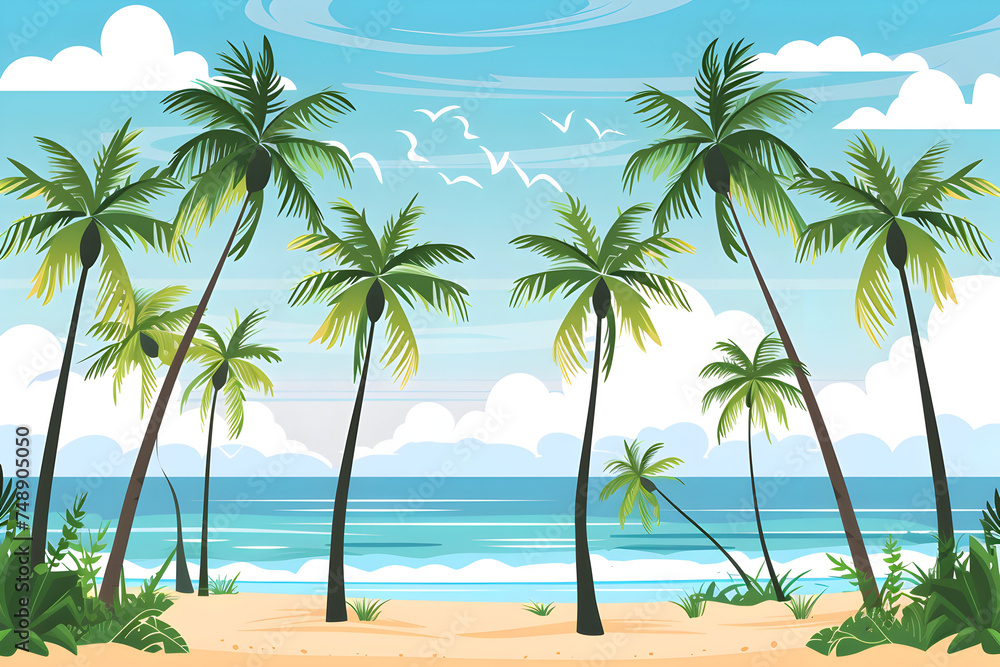  palm trees on a sandy beach with the ocean and clouds in the background