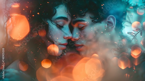 Artistic depiction of two embracing youths surrounded by soft light orbs. Concept Embracing couple, Soft light orbs, Artistic depiction, Romantic themed portrait