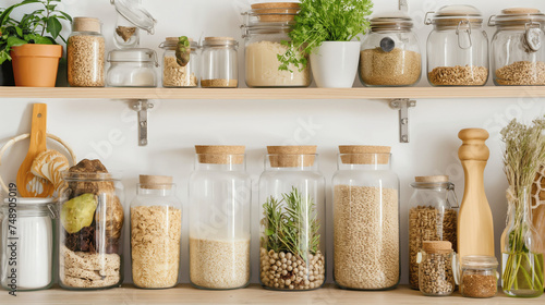 Zero Waste Home Solutions zero-waste lifestyle at home, reusable products, food storage solutions Modern Kitchen. Pantry with Organized Storage Jars. Jars on wooden shelve