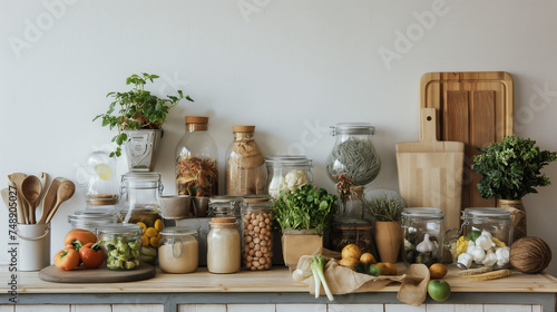 Zero Waste Home Solutions zero-waste lifestyle at home, reusable products, food storage solutions Modern Kitchen. Pantry with Organized Storage Jars. Jars on wooden shelve
