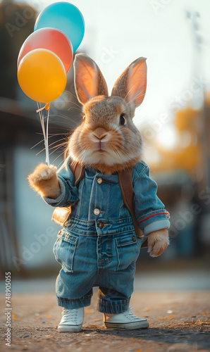 Anthropomorphic rabbit holding balloons dressed in denim overalls. Whimsical animal character concept for children's book illustration