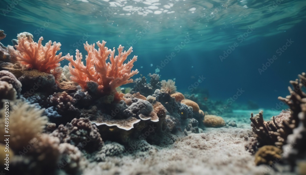 Fototapeta premium Underwater coral reef seabed view with horizon and water surface split by waterline