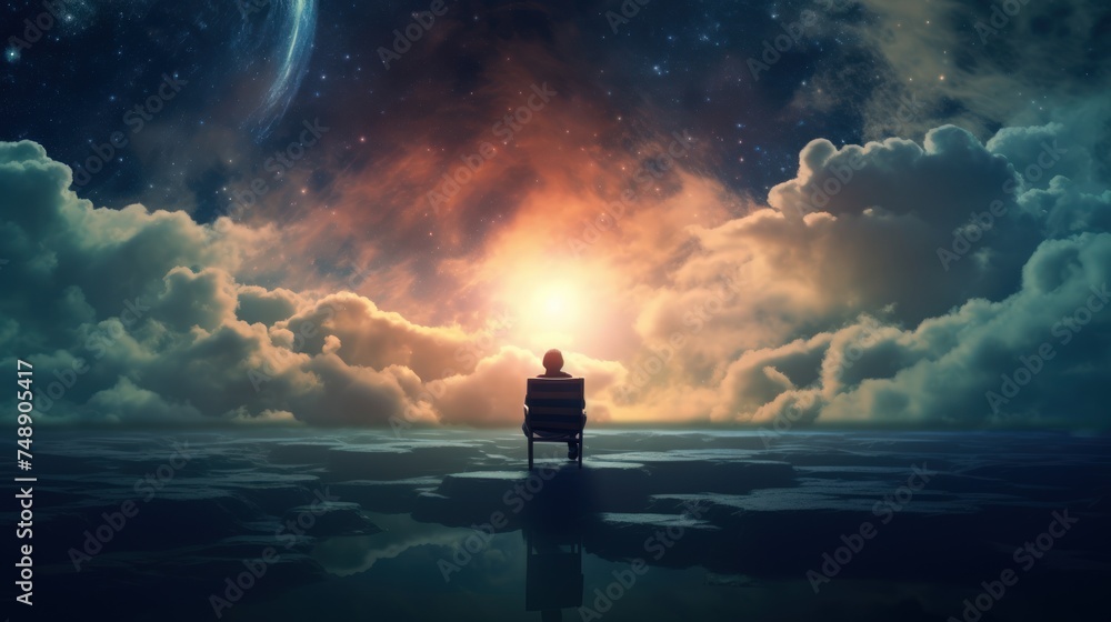 A lonely man sits in a chair in a fantasy landscape with a shining cloudy sky. - obrazy, fototapety, plakaty 