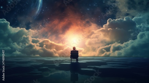 A lonely man sits in a chair in a fantasy landscape with a shining cloudy sky.