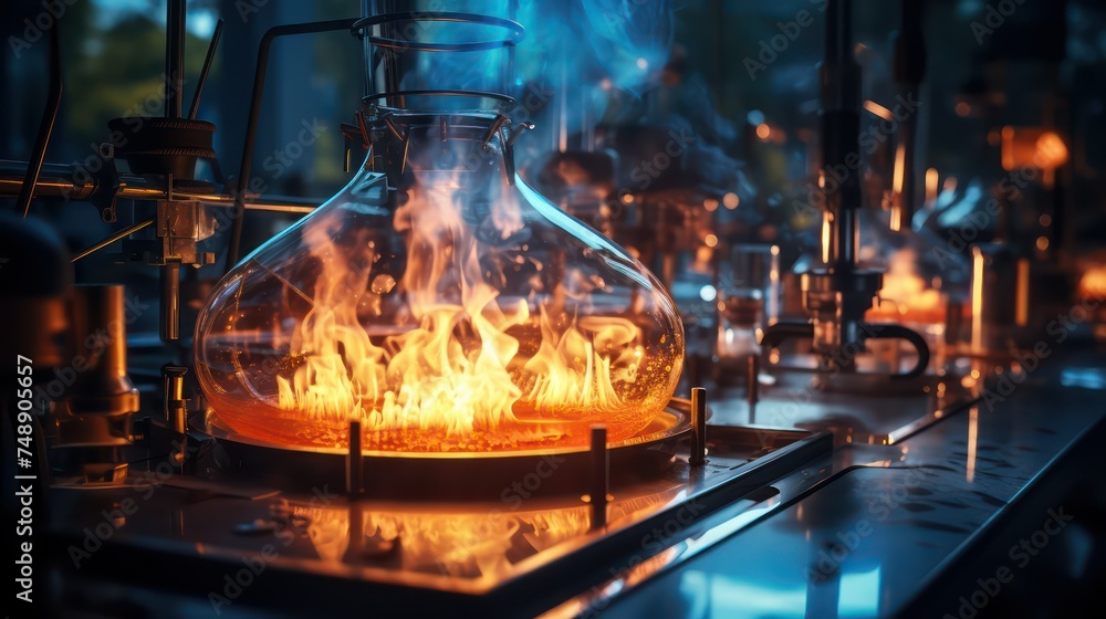 A glass cup filled with chemical fluid, stands on a lab table on day for experiment, ready for experimentation in the field of biology A glass cup filled with chemical fluid, stands on a lab table on day for experiment, ready for experimentation in the field of biology