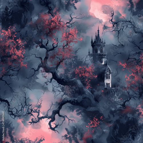 gothic autumn forest with castle tower - watercolor background - generative ai