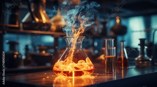 A scientific experiment involving fire in a lab, with a controlled flame burning in a beaker, showcasing the intersection of chemistry and fire photo