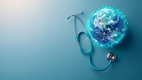 Green Earth day, Save the wold and Global healthcare concept. Stethoscope wrapped around globe on blue background