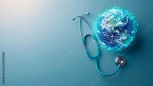 Green Earth day, Save the wold and Global healthcare concept. Stethoscope wrapped around globe on blue background photo