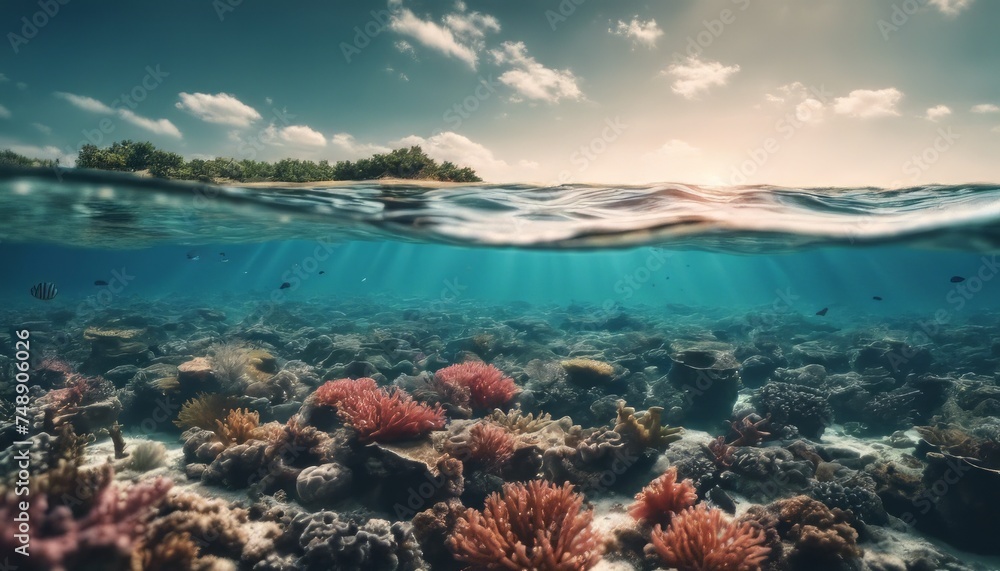 Fototapeta premium Underwater coral reef seabed view with horizon and water surface split by waterline