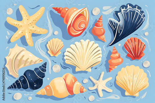Various types of sea shells and starfish on an azure background © lena